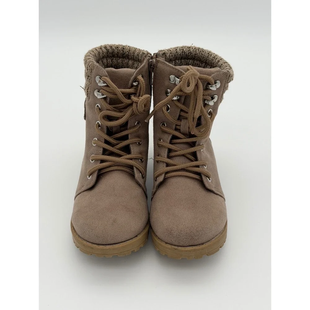 Happily Grey Kids Arwen Taupe Knit Collar Lace Up Side Zip Ankle Boots Size 13M
